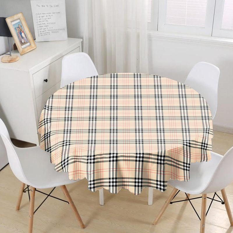 Krem Zeminli Ekose Desenli Dekoratif Leke Tutmaz Yuvarlak Masa Örtüsü Bonvagon