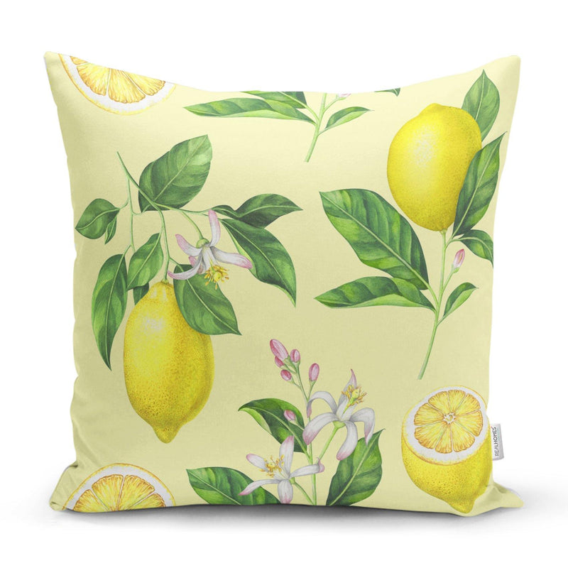 Krem Zeminli Limon Desenli Dekoratif Yastık Kırlent Kılıfı 43x43cm Bonvagon