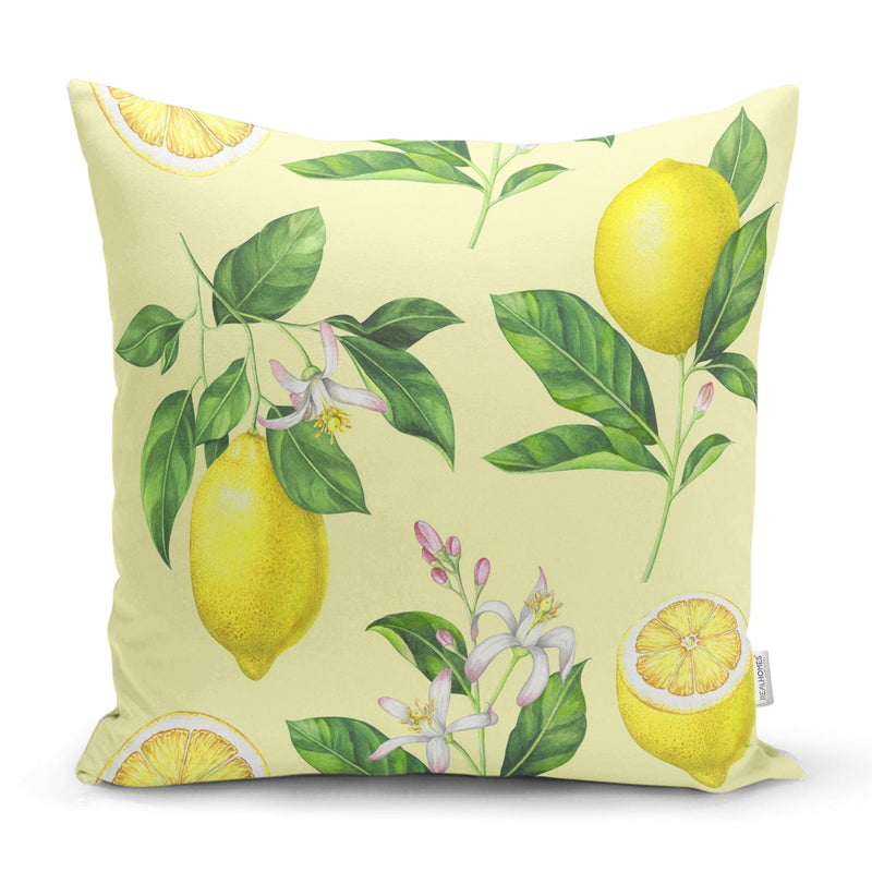 Krem Zeminli Limon Desenli Dekoratif Yastık Kırlent Kılıfı 43x43cm Bonvagon