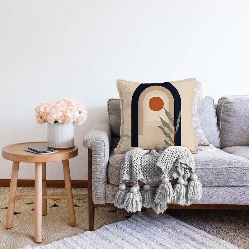 Krem Zeminli Minimal Çizimli Dijital Baskılı Modern Raşel Kadife Yastık Kırlent Kılıfı Bonvagon