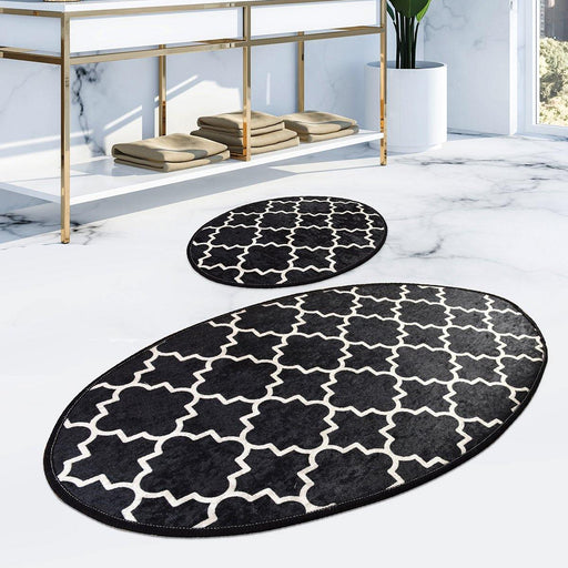 Kupa Siyah Dijital Baskılı 2li Set Banyo Halısı, Kaymaz Taban, Yıkanabilir Bonvagon