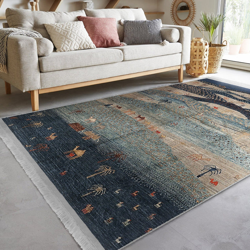 Lacivert Antik Motifli Geleneksel Desenli Vintage Etnik Motifler Salon Oturma Odası Dış Mekan Outdoor Dijital Baskılı Makinede Yıkanabilir Saçaklı Halı Bonvagon