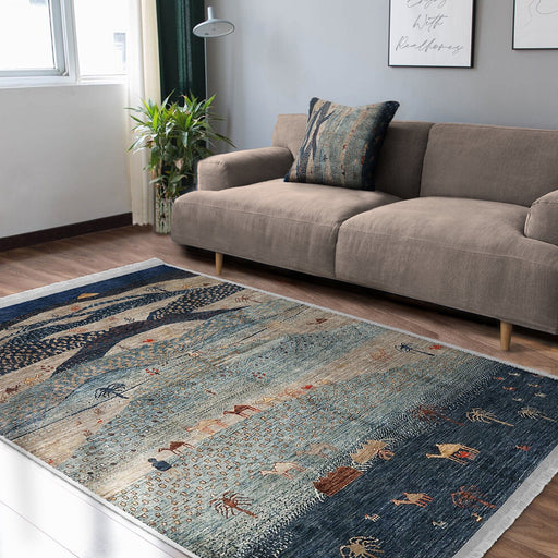 Lacivert Antik Motifli Geleneksel Desenli Vintage Etnik Motifler Salon Oturma Odası Dış Mekan Outdoor Dijital Baskılı Makinede Yıkanabilir Saçaklı Halı Bonvagon