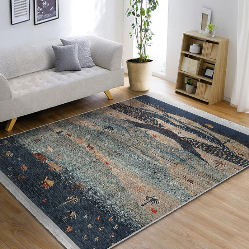 Lacivert Antik Motifli Geleneksel Desenli Vintage Etnik Motifler Salon Oturma Odası Dış Mekan Outdoor Dijital Baskılı Makinede Yıkanabilir Saçaklı Halı Bonvagon