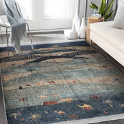 Lacivert Antik Motifli Geleneksel Desenli Vintage Etnik Motifler Salon Oturma Odası Dış Mekan Outdoor Dijital Baskılı Makinede Yıkanabilir Saçaklı Halı Bonvagon
