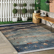 Lacivert Antik Motifli Geleneksel Desenli Vintage Etnik Motifler Salon Oturma Odası Dış Mekan Outdoor Dijital Baskılı Makinede Yıkanabilir Saçaklı Halı Bonvagon