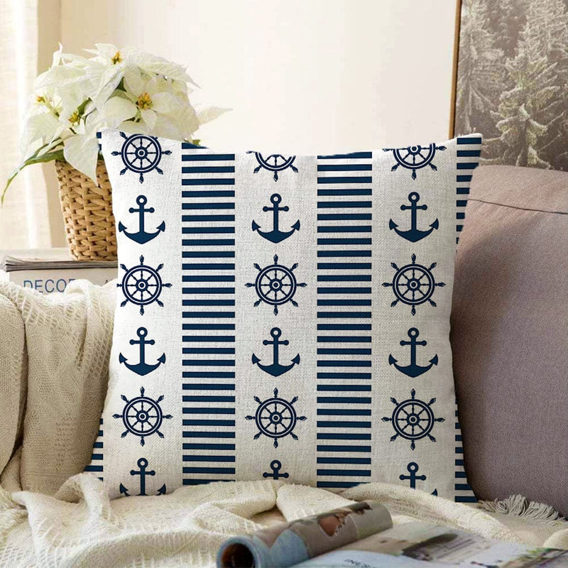 Lacivert Denizci Motifleri Dijital Baskılı Raşel Kadife Yastık Kırlent Kılıfı Bonvagon