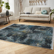 Lacivert Eskitme Motifli Etnik Desenli Eskitme Motifli Vintage Dış Mekan Outdoor Salon Oturma Odası Dijital Baskılı Makinede Yıkanabilir Saçaklı Halı Bonvagon