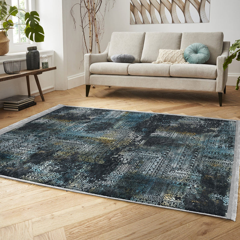 Lacivert Eskitme Motifli Etnik Desenli Eskitme Motifli Vintage Dış Mekan Outdoor Salon Oturma Odası Dijital Baskılı Makinede Yıkanabilir Saçaklı Halı Bonvagon