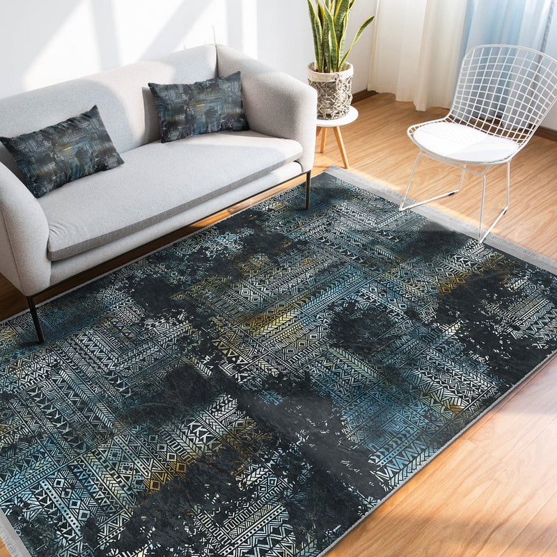 Lacivert Eskitme Motifli Etnik Desenli Eskitme Motifli Vintage Dış Mekan Outdoor Salon Oturma Odası Dijital Baskılı Makinede Yıkanabilir Saçaklı Halı Bonvagon