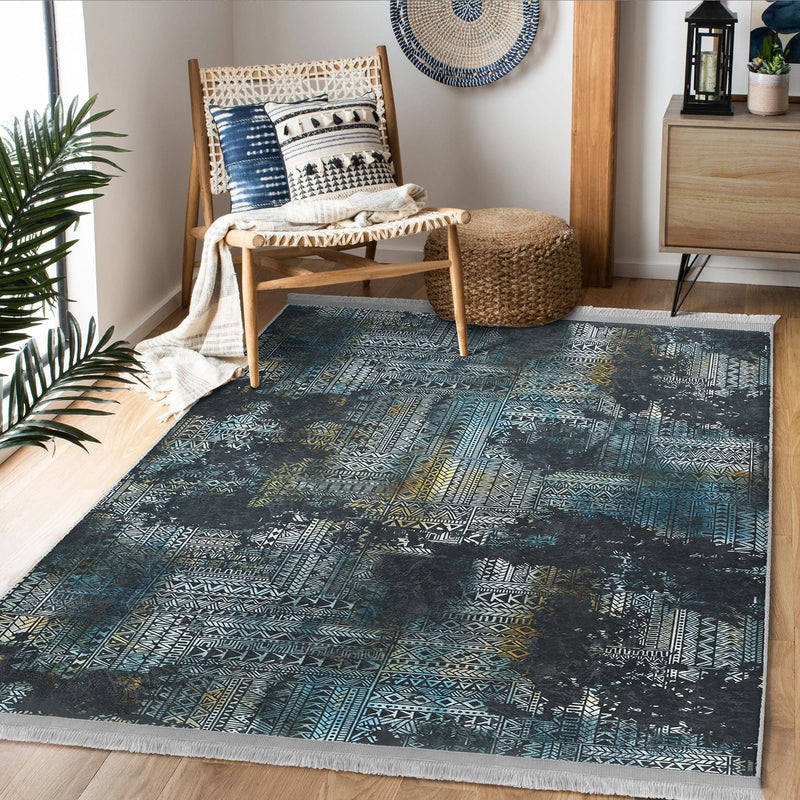 Lacivert Eskitme Motifli Etnik Desenli Eskitme Motifli Vintage Dış Mekan Outdoor Salon Oturma Odası Dijital Baskılı Makinede Yıkanabilir Saçaklı Halı Bonvagon