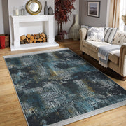 Lacivert Eskitme Motifli Etnik Desenli Eskitme Motifli Vintage Dış Mekan Outdoor Salon Oturma Odası Dijital Baskılı Makinede Yıkanabilir Saçaklı Halı Bonvagon