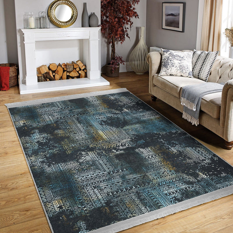 Lacivert Eskitme Motifli Etnik Desenli Eskitme Motifli Vintage Dış Mekan Outdoor Salon Oturma Odası Dijital Baskılı Makinede Yıkanabilir Saçaklı Halı Bonvagon