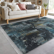 Lacivert Eskitme Motifli Etnik Desenli Eskitme Motifli Vintage Dış Mekan Outdoor Salon Oturma Odası Dijital Baskılı Makinede Yıkanabilir Saçaklı Halı Bonvagon