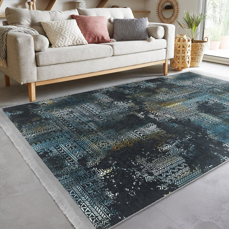 Lacivert Eskitme Motifli Etnik Desenli Eskitme Motifli Vintage Dış Mekan Outdoor Salon Oturma Odası Dijital Baskılı Makinede Yıkanabilir Saçaklı Halı Bonvagon