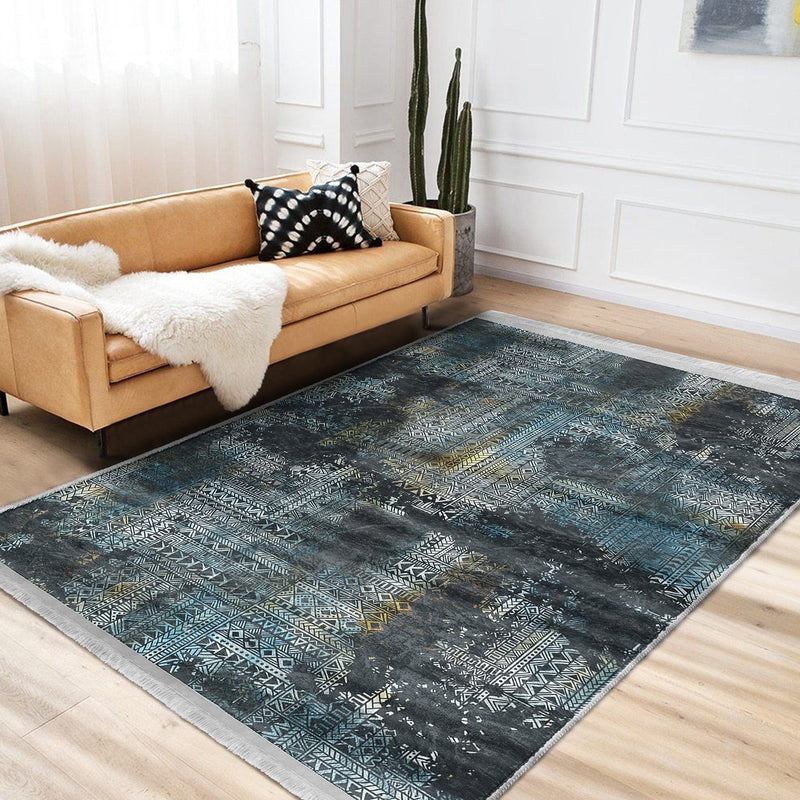 Lacivert Eskitme Motifli Etnik Desenli Eskitme Motifli Vintage Dış Mekan Outdoor Salon Oturma Odası Dijital Baskılı Makinede Yıkanabilir Saçaklı Halı Bonvagon