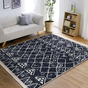 Lacivert Etnik Motifli Otantik Desenli Etnik Geometrik Dijital Baskılı Makinede Yıkanabilir Saçaklı Halı
