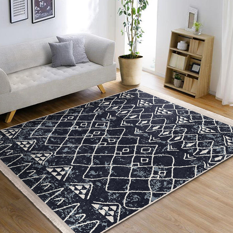 Lacivert Etnik Motifli Otantik Desenli Etnik Geometrik Dijital Baskılı Makinede Yıkanabilir Saçaklı Halı