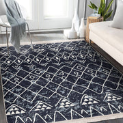 Lacivert Etnik Motifli Otantik Desenli Etnik Geometrik Dijital Baskılı Makinede Yıkanabilir Saçaklı Halı