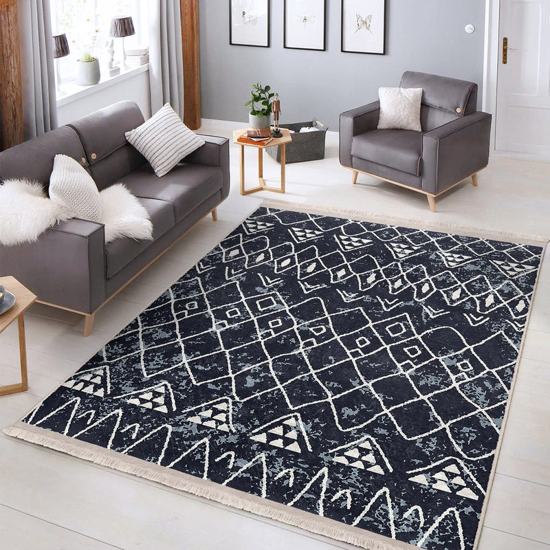 Lacivert Etnik Motifli Otantik Desenli Etnik Geometrik Dijital Baskılı Makinede Yıkanabilir Saçaklı Halı