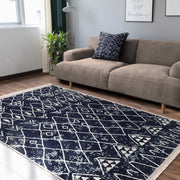 Lacivert Etnik Motifli Otantik Desenli Etnik Motifler Geometrik Salon Oturma Odası Koridor Antre Dijital Baskılı Makinede Yıkanabilir Saçaklı Halı Bonvagon