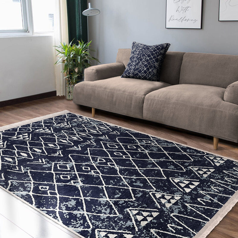 Lacivert Etnik Motifli Otantik Desenli Etnik Motifler Geometrik Salon Oturma Odası Koridor Antre Dijital Baskılı Makinede Yıkanabilir Saçaklı Halı Bonvagon