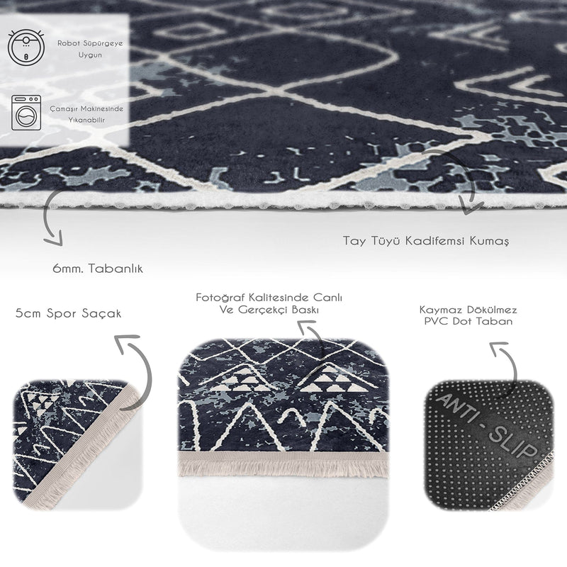 Lacivert Etnik Motifli Otantik Desenli Etnik Motifler Geometrik Salon Oturma Odası Koridor Antre Dijital Baskılı Makinede Yıkanabilir Saçaklı Halı Bonvagon