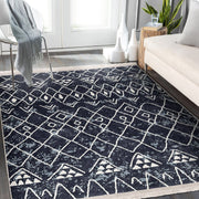 Lacivert Etnik Motifli Otantik Desenli Etnik Motifler Geometrik Salon Oturma Odası Koridor Antre Dijital Baskılı Makinede Yıkanabilir Saçaklı Halı Bonvagon