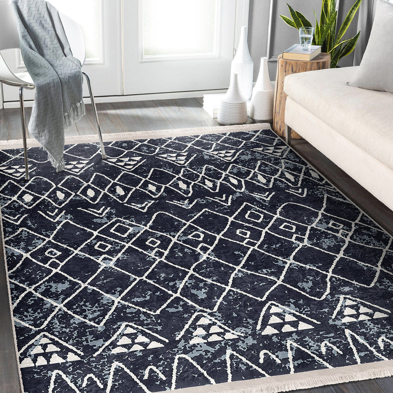 Lacivert Etnik Motifli Otantik Desenli Etnik Motifler Geometrik Salon Oturma Odası Koridor Antre Dijital Baskılı Makinede Yıkanabilir Saçaklı Halı Bonvagon