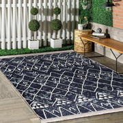 Lacivert Etnik Motifli Otantik Desenli Etnik Motifler Geometrik Salon Oturma Odası Koridor Antre Dijital Baskılı Makinede Yıkanabilir Saçaklı Halı Bonvagon