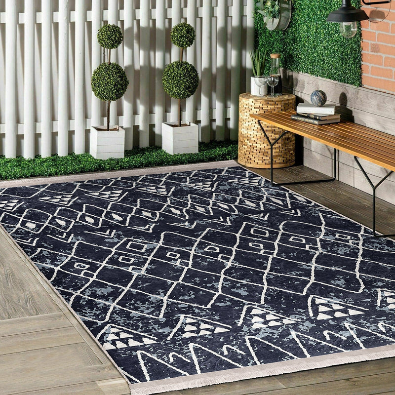 Lacivert Etnik Motifli Otantik Desenli Etnik Motifler Geometrik Salon Oturma Odası Koridor Antre Dijital Baskılı Makinede Yıkanabilir Saçaklı Halı Bonvagon