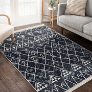 Lacivert Etnik Motifli Otantik Desenli Etnik Motifler Geometrik Salon Oturma Odası Koridor Antre Dijital Baskılı Makinede Yıkanabilir Saçaklı Halı Bonvagon