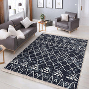 Lacivert Etnik Motifli Otantik Desenli Etnik Motifler Geometrik Salon Oturma Odası Koridor Antre Dijital Baskılı Makinede Yıkanabilir Saçaklı Halı Bonvagon