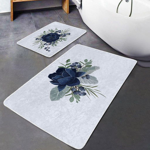 Lacivert Gül Tasarımlı Dijital Baskılı 2li Halı Takımı Kaymaz Taban Yıkanabilir Bonvagon