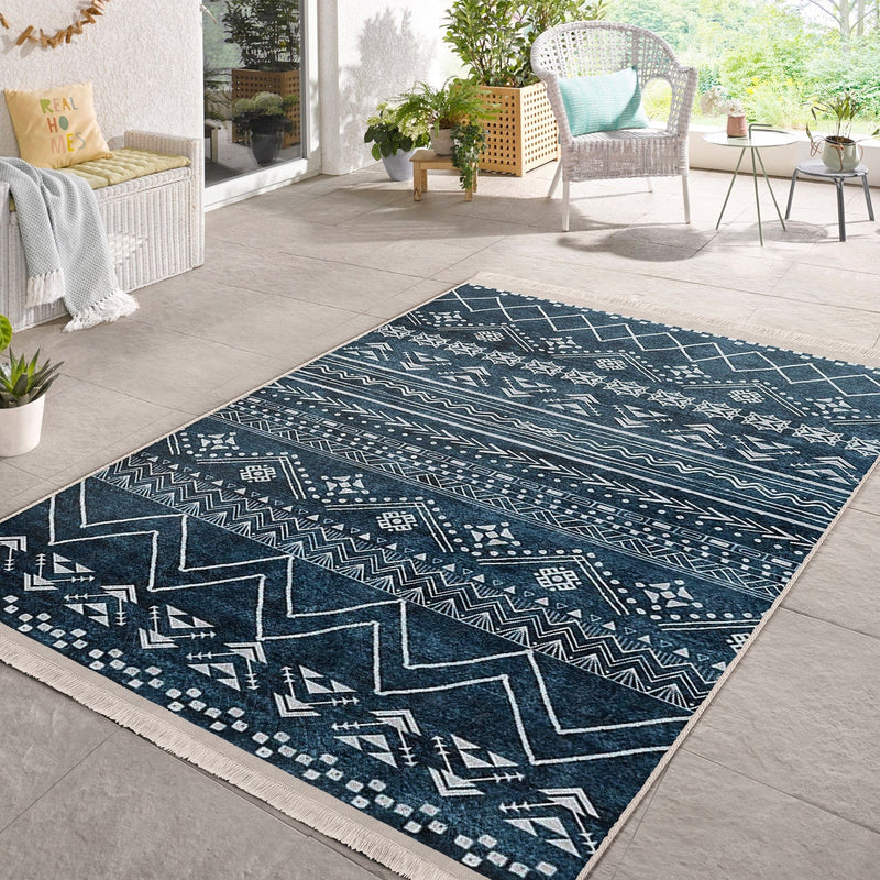 Lacivert İskandinav Motifli Etnik Desenli Geometrik Etnik Motifler Koridor Antre Salon Oturma Odası Dijital Baskılı Makinede Yıkanabilir Saçaklı Halı Bonvagon