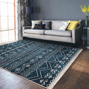 Lacivert İskandinav Motifli Etnik Desenli Geometrik Etnik Motifler Koridor Antre Salon Oturma Odası Dijital Baskılı Makinede Yıkanabilir Saçaklı Halı Bonvagon