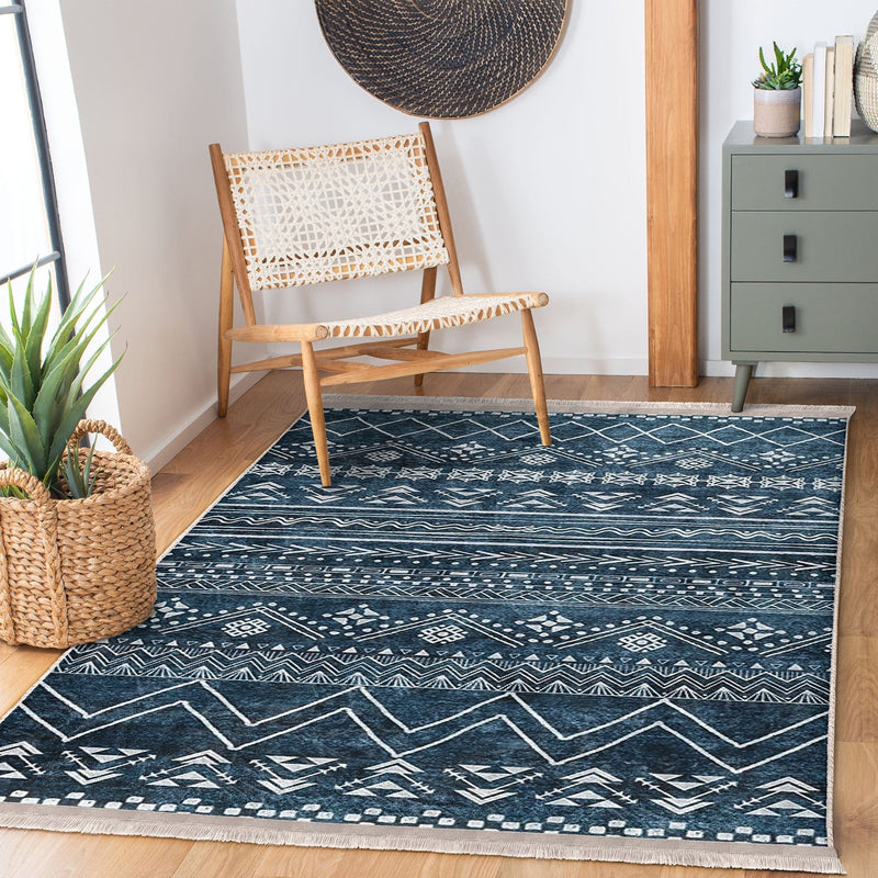 Lacivert İskandinav Motifli Etnik Desenli Geometrik Etnik Motifler Koridor Antre Salon Oturma Odası Dijital Baskılı Makinede Yıkanabilir Saçaklı Halı Bonvagon