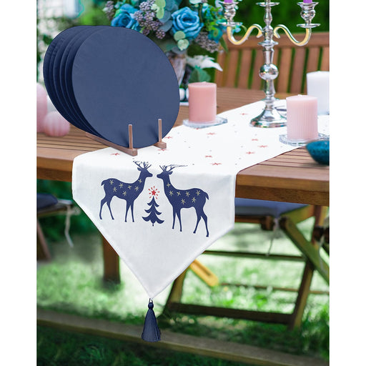 Lacivert Mery Christmas Geyik Motifli Üçgen Püsküllü Runner 1 Adet & 6 Adet Lacivert Renkli Supla Bonvagon