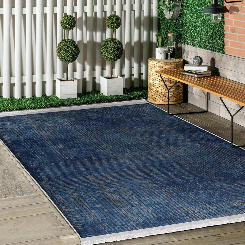 Lacivert Örgü Motifli Dijital Baskılı Makinede Yıkanabilir Saçaklı Halı Bonvagon