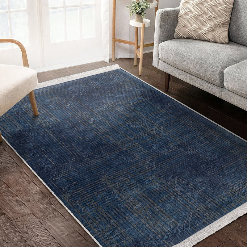 Lacivert Örgü Motifli Dijital Baskılı Makinede Yıkanabilir Saçaklı Halı Bonvagon