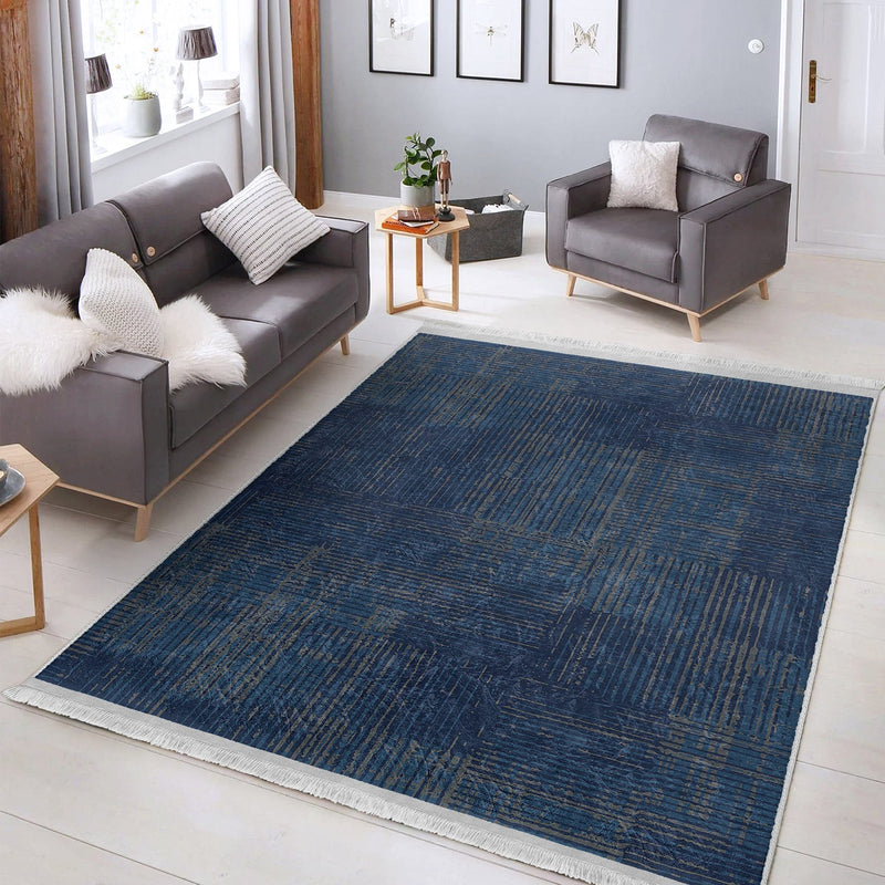 Lacivert Örgü Motifli Dijital Baskılı Makinede Yıkanabilir Saçaklı Halı Bonvagon