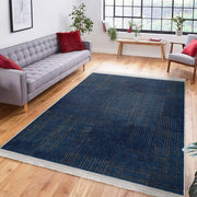 Lacivert Örgü Motifli Dijital Baskılı Makinede Yıkanabilir Saçaklı Halı Bonvagon