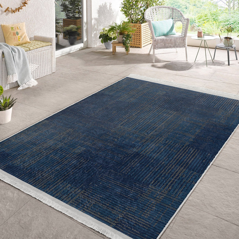 Lacivert Örgü Motifli Dijital Baskılı Makinede Yıkanabilir Saçaklı Halı Bonvagon