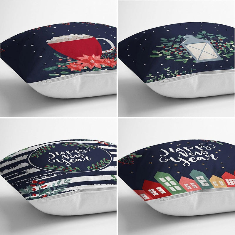 Lacivert Renkli Happy New Year Temalı Dijital Baskılı Modern 4lü Kırlent Kılıfı Seti Bonvagon