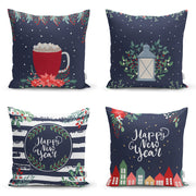 Lacivert Renkli Happy New Year Temalı Dijital Baskılı Modern 4lü Kırlent Kılıfı Seti Bonvagon