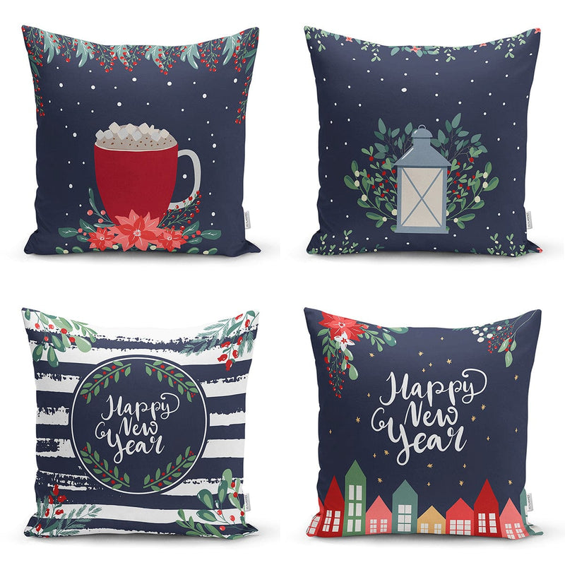 Lacivert Renkli Happy New Year Temalı Dijital Baskılı Modern 4lü Kırlent Kılıfı Seti Bonvagon