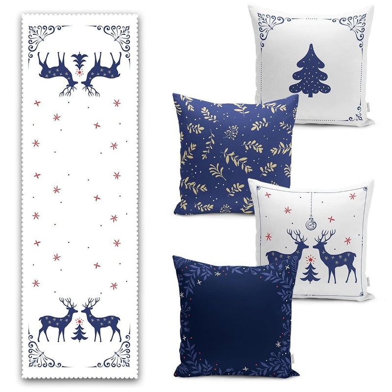 Lacivert Renkli Yılbaşı Temalı 4 Kırlent 1 Runner Seti Bonvagon