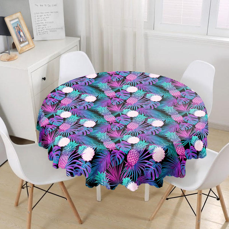 Lacivert Tropikal Desenli Dijital Baskılı Leke Tutmaz Yuvarlak Masa Örtüsü Bonvagon