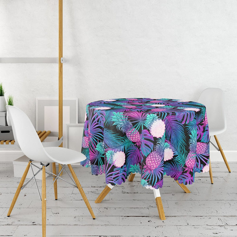 Lacivert Tropikal Desenli Dijital Baskılı Leke Tutmaz Yuvarlak Masa Örtüsü Bonvagon