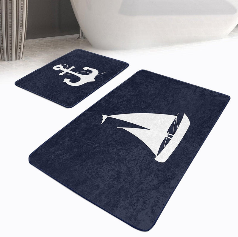 Lacivert Zemin Çapa Kayık Motifli 2li Banyo Halısı Takımı Kaymaz Taban Yıkanabilir Bonvagon